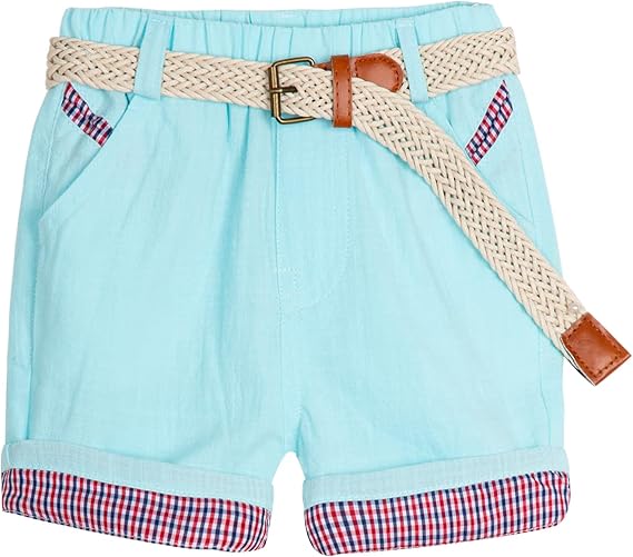 Mud Kingdom Little Boys Linen Shorts Summer Elastic Waist Plaid Casual with Braided Belt