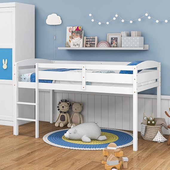 Giantex Twin Loft Bed with Ladder, Wood Low Profile Loft Bed with 30" Clearance & Safety Guard Rails, Space-Saving Loft Bed Frame for Kids Teens Junior, No Box Spring Needed, Kids Bed Frame, White