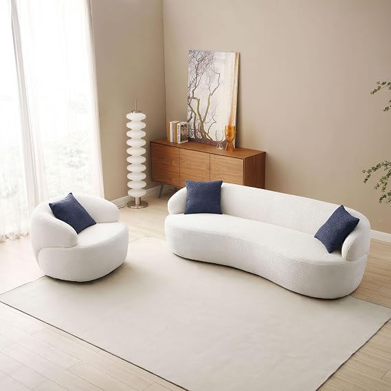 Boucle Sectional Sofa Set, 86.6'' Beige, Curved Sofa with Swivel Chair, 3-Piece Living Room Furniture for Home Office Apartment