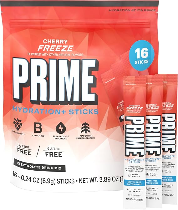 PRIME HYDRATION+ Electrolyte Powder Sticks, Cherry Freeze, Sugar Free Hydration Drink Mix with Potassium, Magnesium & B Vitamins to Replenish Fluids, Caffeine Free, 16 Count