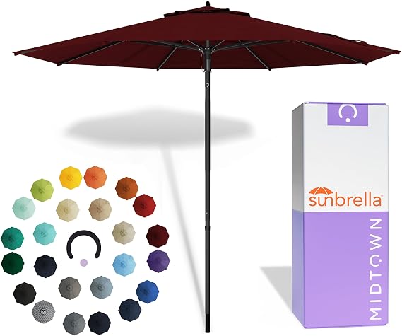 Midtown Umbrellas Push & Pop 8 Ft Patio Umbrellas with Push & Pop Mechanism, Fiberglass Ribs & Sunbrella Fabric Outdoor Umbrella for Deck, Pool, Cafes and Hotels Burgundy Canopy, Black Pole