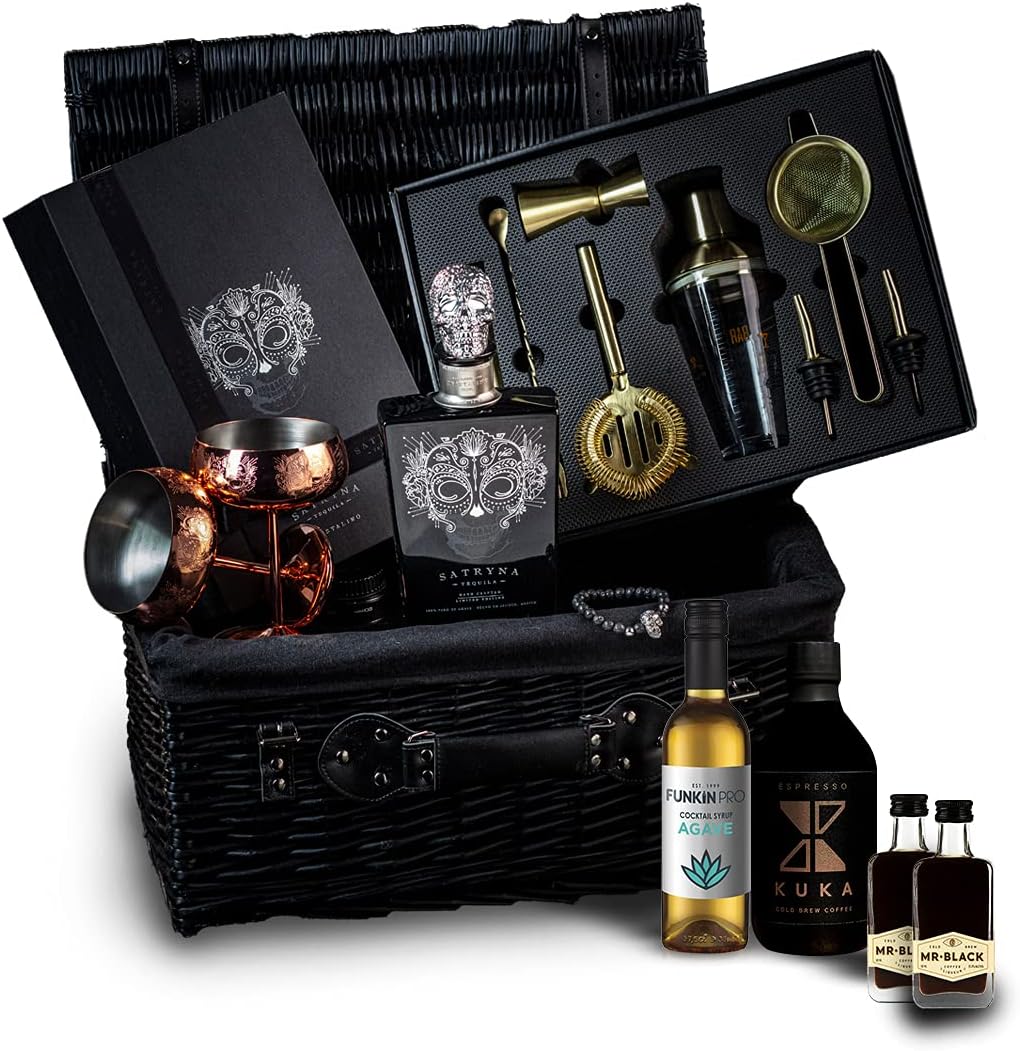 Satryna - Ultimate Hamper - Satryna Cristalino Tequila Hamper - 70cl, 700ml - 38% - 100% Vegan - Luxury Artisanal Hamper - Signature Glassware Set, Barware Set, Mexpresso Martini Set &amp; Accessories