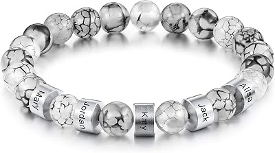 MeMeDIY Personalized Stone Bead Bracelet Custom Engraving Initial Letter Name Date for Men Women Stainless Steel 12345 Name Bead Retractable Chain Anklet Best Friend Jewelry Gift