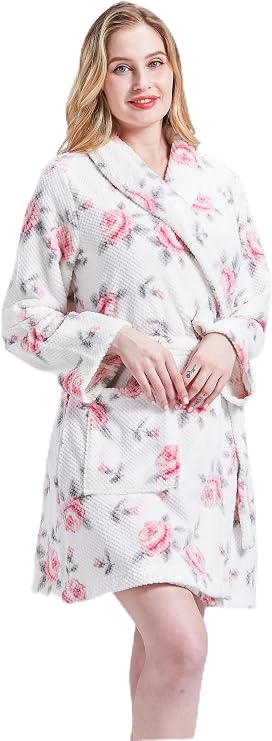 Cozy Printed Dimple Fleece Shawl Collar Wrap Robe