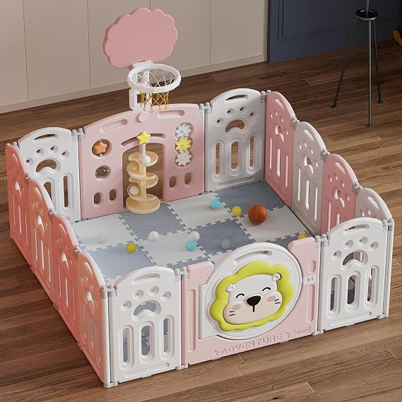 Adventure Lion Baby Playpen for Baby and Toddlers Foldable - Kids Play Pen Babies and Toddlers - Includes Play Mats, Activity Panel, Basketball Hoop & Balls (White/Pink)