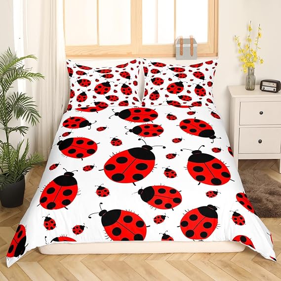 Feelyou Ladybug Duvet Cover 3D Ladybug Printed Bedding Set for Kids Boys Girls Flying s Comforter Cover Entomology Bedspread Cover Bedroom Collection 3Pcs Queen Size