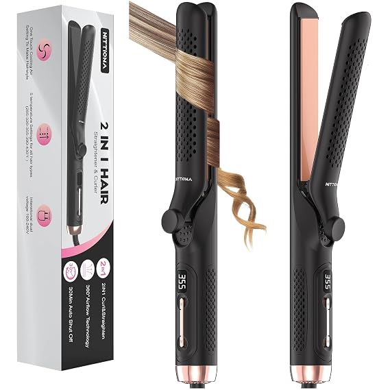 360 Airflow Styler Curling Iron - 1.25 Inch Hair Straightener and Curler 2 in 1 with Vented Cool Air to Lock in Style, Extra Long Flat Iron Curling Wand, 5 Temps & Dual Voltage for Travel
