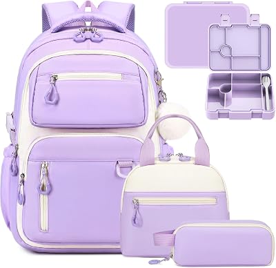 Bevalsa School Backpack for Girls, Bookpack with Bento Lunch Box, Insulated Bag & Utensils, 43oz Lunch Containers with 6 Compartment Schoolbag Set for Kids Elementary Middle Student Purple