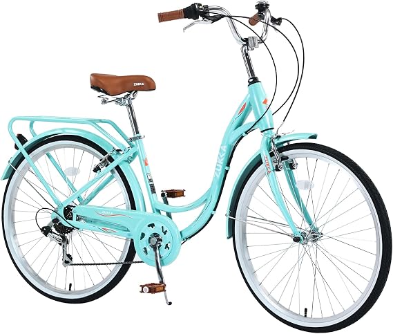 26 Inch Beach Cruiser Bike for Women, Hybrid Cruiser Bike with Adjustable Seat, 7 Speeds Commuter Bike with Anti-Skid Tires& V-Brakes, Lightweight Carbon Steel Bike for Women, Multiple Colors