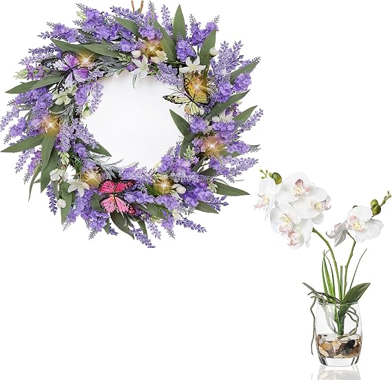 White Artificial Orchid & Purple Lavender Wreath with Lights