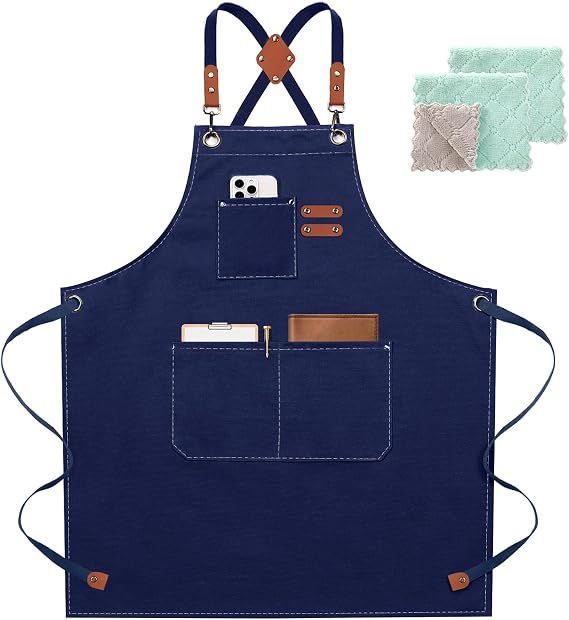 ZOMAO Chef Apron for Women Men with Large Pockets, Cotton Canvas Cross Back Waterproof Work Aprons for Kitchen Cooking Bib