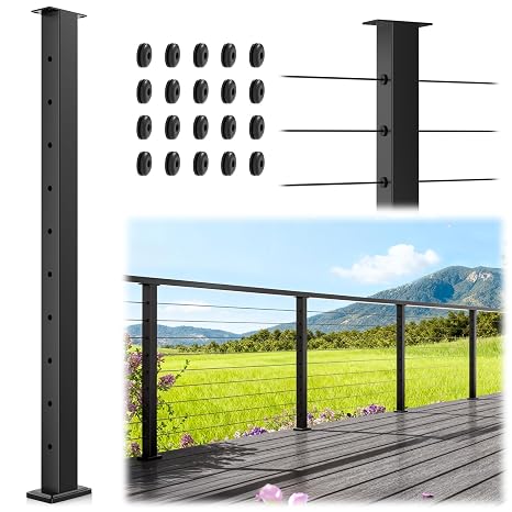 36 Inch Cable Railing Level Line Post, Black Surface Mount Deck Post