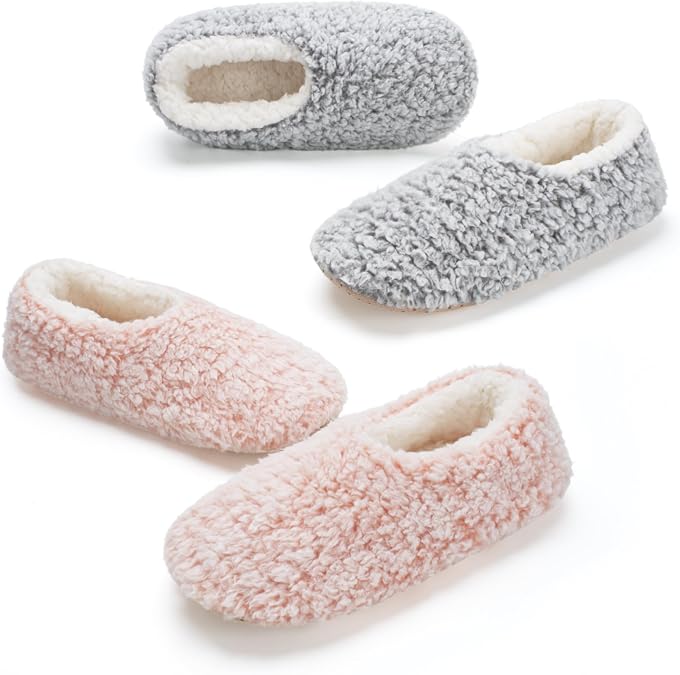 cosyone1997 Womens 2-Pair Fuzzy Slippers Indoor Non Slip Soft Sole