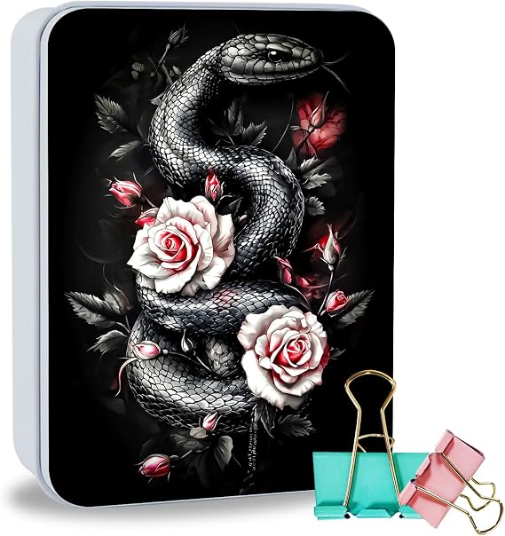Metal Tin Box Sturdy Metal Storage Box with Lid, Large Container Holder for TCG Cards, Jewelry, Cookies, Car Keys and More, Tin Containers for Gift, Black Snake and Roses