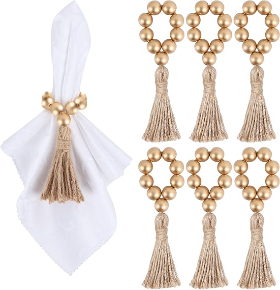 Meplait 6 Pack Wooden Bead Napkin Rings, Boho Farmhouse Table Decor, Gold | Wooden Napkin Rings, Stretchable Napkin Ring Holders, for Wedding Banquet Holiday Party Family Dinner