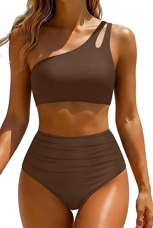 Women Two Piece Tummy Control Bikini High Waisted One Shoulder Swimsuit | Removable cups, Adjustable back slider straps, Full coverage, Full linling, Ruched front, Wide band