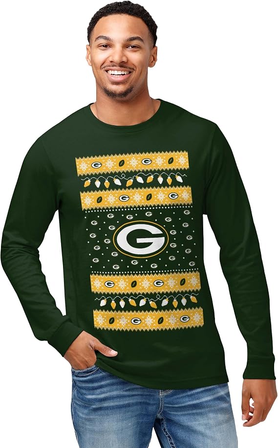 FOCO NFL Mens NFL Team Logo Holiday Lights Sweater Long Sleeve T-Shirt