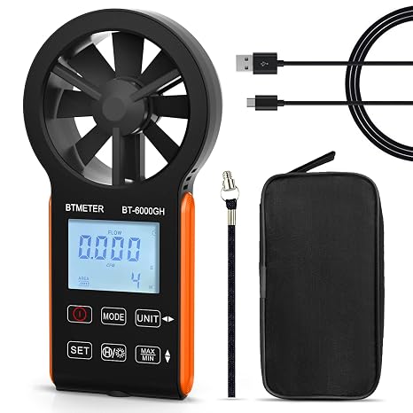 BTMETER Anemometer CFM Wind Meter, Air Flow Gauge Measure Wind Speed 0.3~30m/s, Monitor Airflow Volume 0-999900 ft3/min for HVAC Duct Air Vent, Touch-Screen Windometer 6000GH