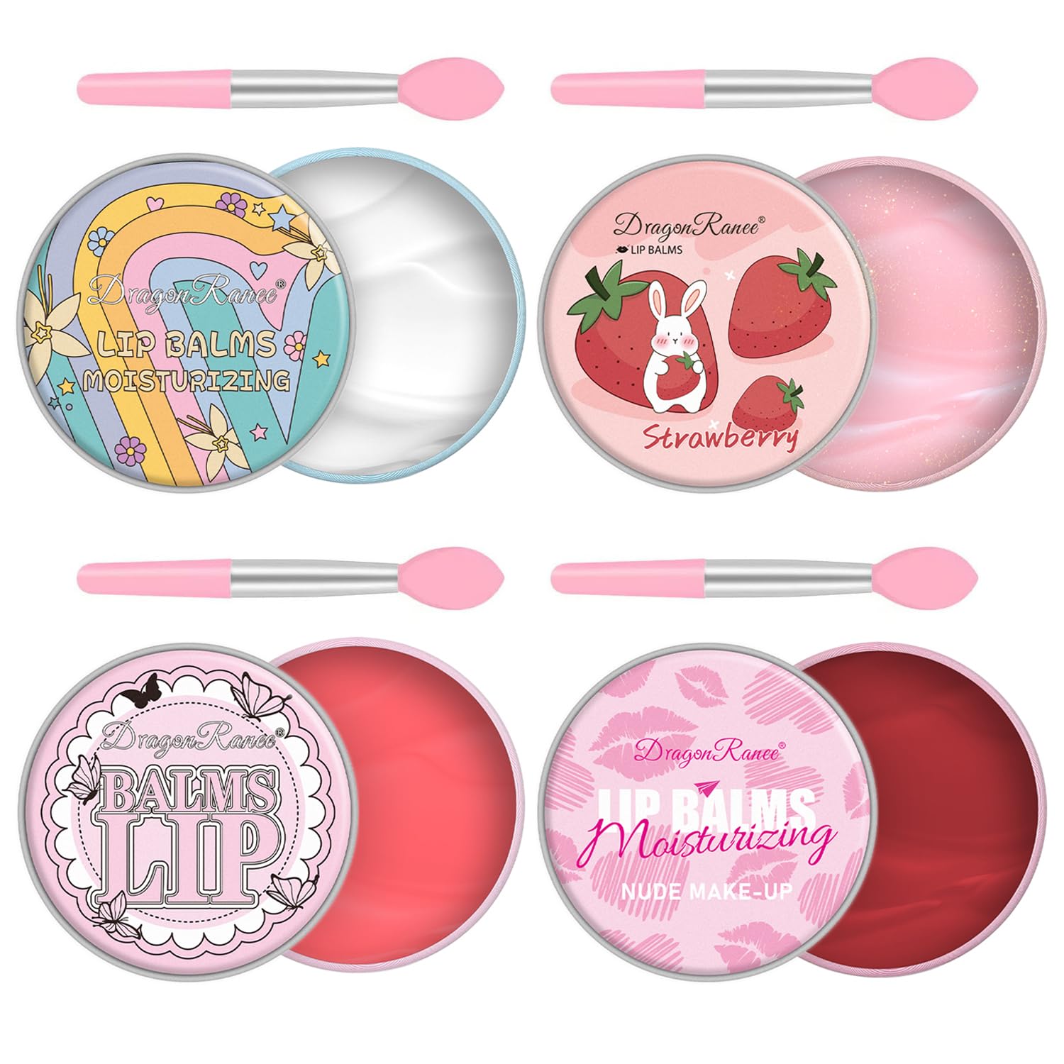 4 Pack Moisturizing Lip Masks, Strawberry Vitamin E Lip Balm Lip Care Gifts for Women Girls, Conditioning Lip Mask and Lip Butter Melting Balm for Dry Lips Strawberry & Coconut & Peach & Cherry