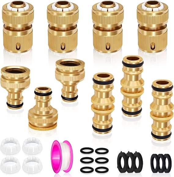 10 Pack Brass Garden Hose Tap Connector kit, 2-in-1 Faucet Connector, Double Male Connectors, Hose 1/2"End Quick Connect for Garden Hose Pipe Tube (A)