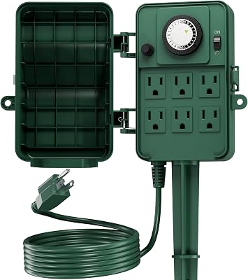 BN-LINK Outdoor Power Stake Timer Waterproof, 24-Hour Mechanical Timer with 6 Grounded Outlets, 6FT Extension Cord for HalloweenChristmas Decor Lights, ETL Listed