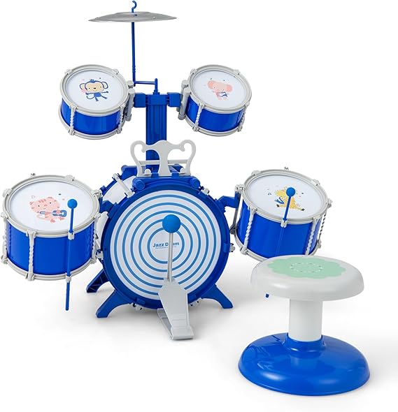 Costzon Kids Drum Set, Toddler Jazz Drum Kit with Stool, Cymbal, Drum Sticks & Pedal, 5 Drums Educational Percussion Musical Instrument Toy Gifts for Boys Girls Aged 3+ Years