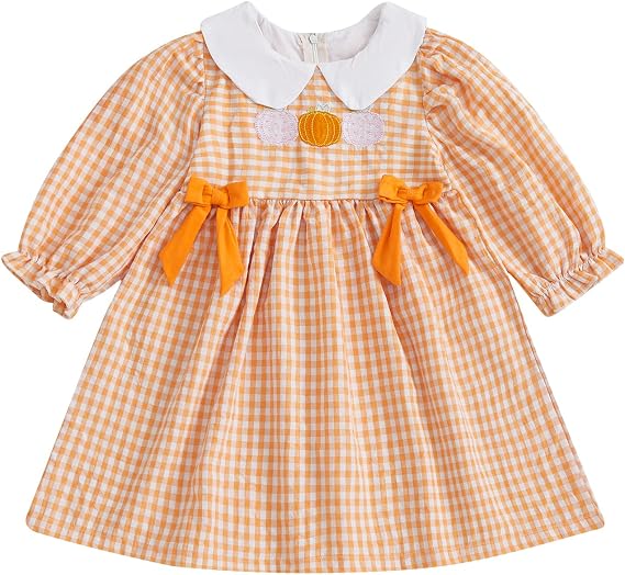 Toddler Little Baby Girl Halloween Outfit Pumpkin Dress Long Sleeve Plaid Smocked Dress Cute Fall Clothes