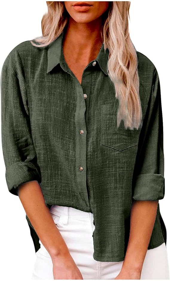 Long Sleeve Button Down Shirts for Women Plus Size Cotton Linen Business Casual Tops Fall Fashion Blouses 2023