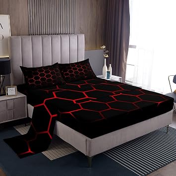 Feelyou Boys Honeycomb Bed Set for Kids Men Girls Modern Geometric Hexagon Theme Sheet Set Colorful Grid Art Neon Decor Bed Sheets Red Black Sheets Bedroom Collection 3Pcs Twin Size