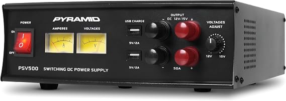 Pyramid Universal Compact Bench Power Supply 50 Amp Variable Linear Regulated AC to DC Converter with Adjustable DC Voltage, Amperage Gauge, Volt Meter, USB Ports, AC to DC Converter 110V to 12V