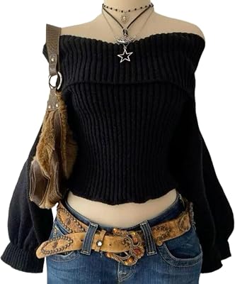 Striped Cable Knit Sweater Women Fold Over Off The Shoulder Sweater Fall Vintage Cute Y2k Tops 2000s Emo Grunge Shirts
