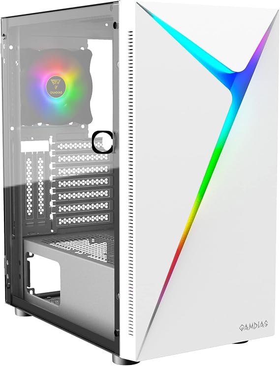 GAMDIAS ATX Mid Tower Gaming Computer PC Case with Side Tempered Glass Swing Door, 1x 120mm ARGB Fan & Front Panel Sync with ARGB Motherboards, Vertical VGA/GPU Slots for Your Graphic Cards