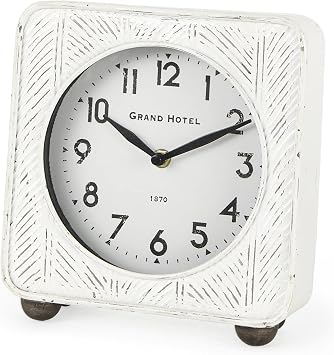 Mercana Karl Rustic White Iron Rounded Square Table Clock 69486
