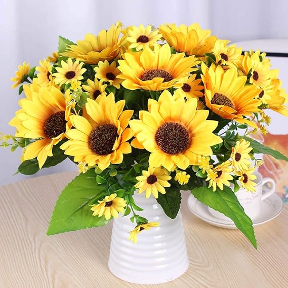 Bright-way Artificial Sunflower 3 Bouquet | Artificial Flowers Silk Fake Faux Fall Yellow Bulk Flowers for Home Decorations Wedding Table Party Garden Decor
