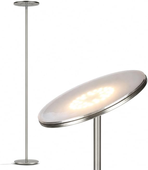 Brightech Sky Flux Dimmable LED Floor Lamp Super Bright Floor Lamp with 3 Light Modes for Living Room, Office Torchiere Standing Touch-Lamp, Tall Torch Lamp for Bedroom & Reading - Nickel