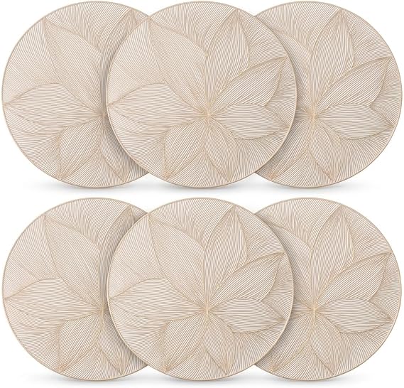 Deconox 6'lı Plastik Amerikan Servis Seti, Yuvarlak 38 cm Gold Yaprak Desenli Supla, Yıkanabilir Silinebilir Tabak Altlığı, Yemek Masası Servis Sunum Matı