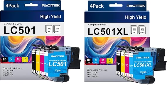 LC501XL LC501 Ink Cartridges Combo Pack Replacement for Brother LC501 Series Ink High Yield for Work Smart MFC-J1360DW MFC-J1260DW MFC-J1410DW Printer (Black, Cyan, Magenta, Yellow, 8-Pack)