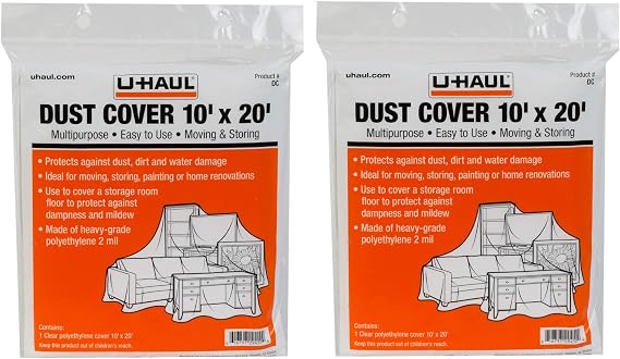 U-Haul Dust Covers - Furniture Protection for Moving, Renovations, and Storage - Water Resistant - 10' x 20' Plastic Sheets - Pack of 2 Covers