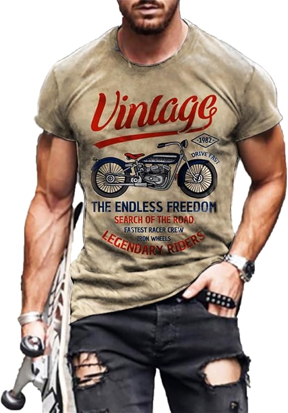 Men's Vintage Motorcycle Print T-Shirt Summer Hip Hop Retro Graphic 3D Printed Short Sleeve Tee Shirt Tops