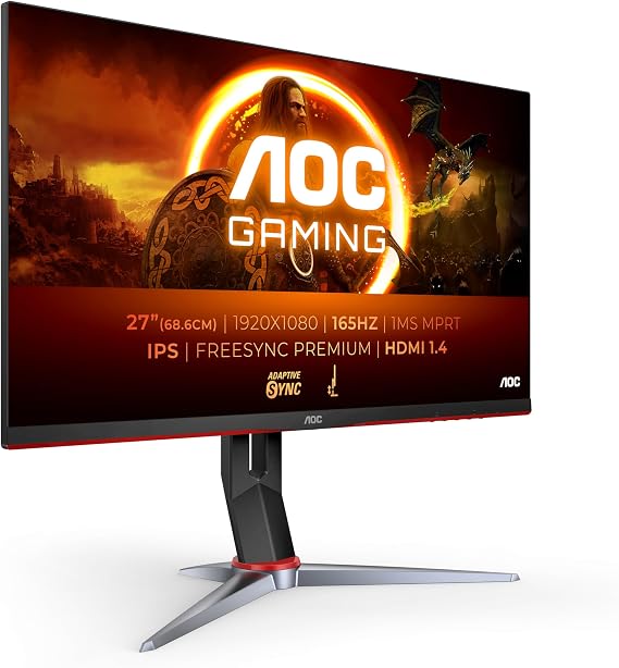 AOC 27G2SP/BK 27 inch FHD Gaming Monitor 165Hz, IPS Panel, 4ms GtG, FreeSync Premium, G-Sync Compatible, Height Adjustment, (1920x1080 HDMI 2x 1.4 ) Black/Red
