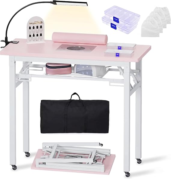 Portable Foldable Manicure Table with Dust Collector, Rolling Nail Tech Desk with LED Lamp, Wrist Rest, Lockable Wheels & Carrying Case for Home Salon, Travel & Mobile Nail Techs (Pink)