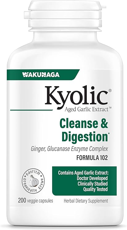 Kyolic Aged Garlic Extract Formula 102, Cleanse & Digestion*, Ginger and Enzyme Complex, 200 Capsules