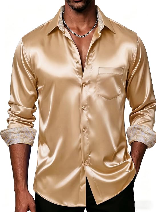 DiBanGu Mens Long Sleeve Button Down Shirt,Satin Shiny Dress Shirt for Men Solid Regular Fit Shirts with Pocket Wedding Party