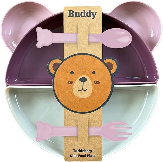 Buddy Mama Tabağı Seti, 1 Ayıcık Tabak 4 Kase Çatal-Kaşık, Bebek ve Çocuklar İçin Yemek Takımı, BPA İçermez, Pembe Mor Bej