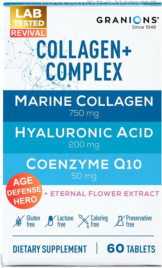 Marine Collagen Pills Complex 200mg Hyaluronic Acid Supplement, Coenzyme Q10 CoQ10, Hydrolyzed Marine Collagen Peptides, Eternal Flower Hydration, Age Defense Supplements - 60 Sealed Tablets