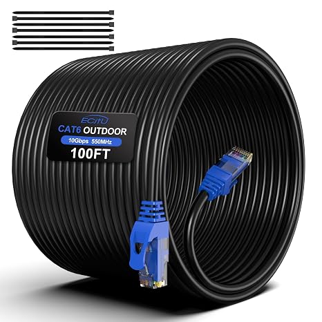 100FT Cat6 Outdoor Ethernet Cable, In-Ground, Heavy Duty Direct Burial, 24AWG CCA Patch Cord, POE, UTP, Waterproof, LLDPE UV Resistant, Network, Internet, LAN, Cat 6 Cable 100 Feet with 25 Cable Ties