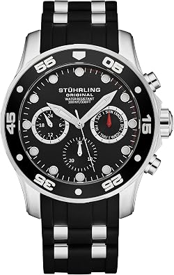 Stuhrling Men's Multi-Function Watch, Black Dial, Silver Case, Black Silicone Band