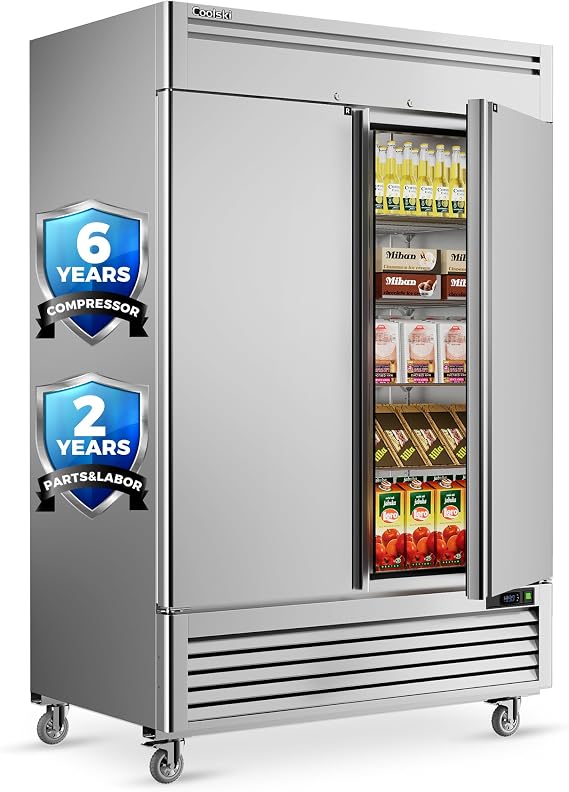 54"W Commercial Refrigerator 2 Door, 49 Cu.Ft Fan Cooling Reach-In Cooler Stainless Steel Upright Refrigerator, 33 to 41F, Auto Defrosting, LED Light 8 Shelves, 4 Wheels