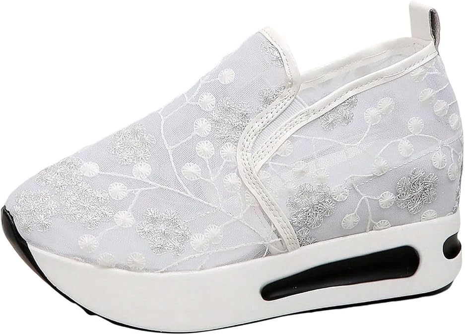 White Platform Sneakers for Women,High Heeld Wedge Sneakers for Women, Ladies Hidden Sneakers Lace Embroidery Shoes,Fashion Sneakers For Women 2024,Outdoor Breathable Slip On Loafers