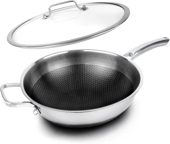 Wok Pan with Lid,12.6 inch Hybrid Woks & Stir-fry Pans Nonstick Stainless Steel Cookware, Cooking Wok for Induction Cooktop, Double Coated Honeycomb Pan